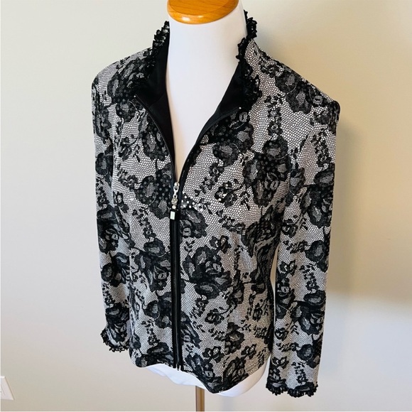 JOSEPH RIBKOFF Black Lace Sequin Zip Up Blazer Coat 10 - Picture 2 of 6